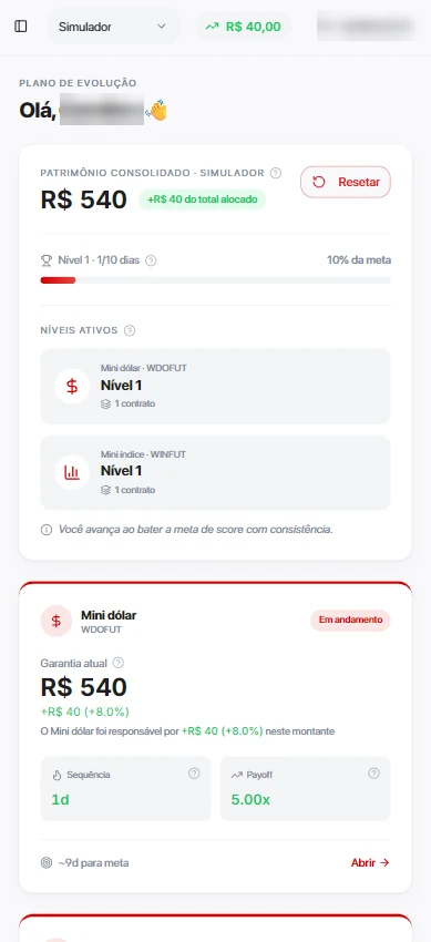 Tela do Plano de Evolução com nível, garantia atual e progresso da meta
